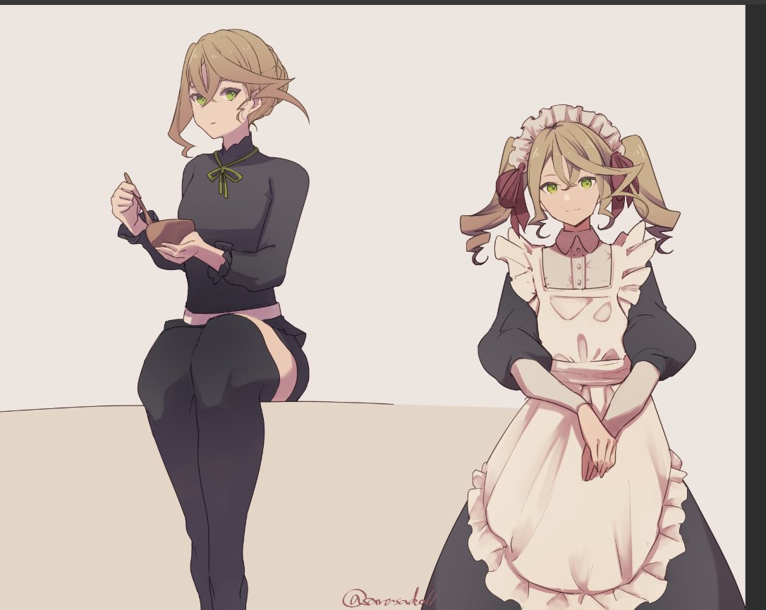 1girl, alisha_diphda, alternate_costume, alternate_hairstyle, apron, black_dress, black_shirt, black_thighhighs, blonde_hair, bowl, closed_mouth, commentary_request, crossed_bangs, dress, drill_hair, green_eyes, hair_between_eyes, hair_ribbon, holding, holding_bowl, holding_spoon, long_sleeves, looking_at_viewer, maid, maid_apron, maid_headdress, multiple_views, red_ribbon, ribbon, sarasadoll, shirt, sitting, spoon, standing, tales_of_(series), tales_of_zestiria, thigh-highs, twin_drills, twintails, twitter_username