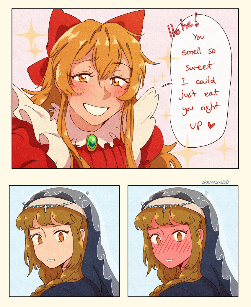 2girls, absurdres, apron, blush, bow, brown_eyes, brown_hair, commentary