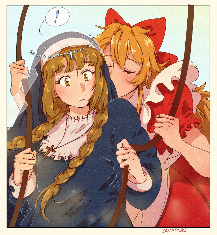 !, 2girls, absurdres, apron, black_dress, blush, brown_eyes, brown_hair, closed_eyes, closed_mouth, commentary, cross, cross_necklace, day, dreamsyndd, dress, elise_liedl, english_commentary, habit, highres, jewelry, kissing_hair, lebkuchen_(little_goody_two_shoes), little_goody_two_shoes, long_sleeves, multiple_girls, necklace, orange_hair, outdoors, red_dress, short_sleeves, spoken_exclamation_mark, swing_set, upper_body, white_apron, yuri