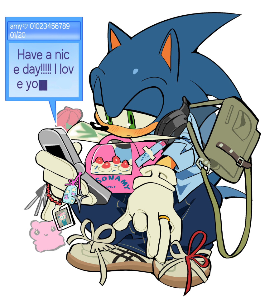 1boy, animal_ears, animal_nose, bag, blue_fur, blue_pants, blue_shirt, blush