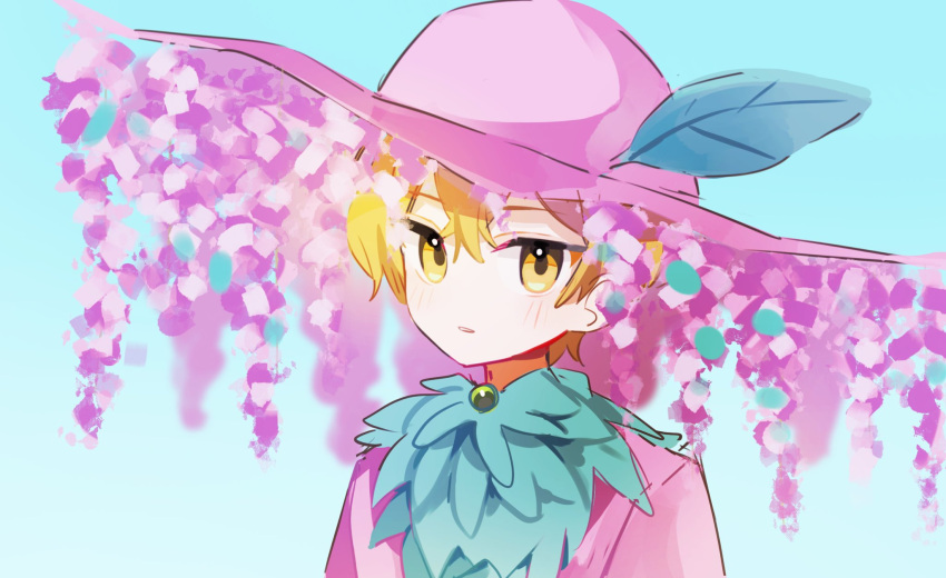 10rigar, 1boy, alternate_costume, blonde_hair, blue_background, cherry_blossoms, flower, hat