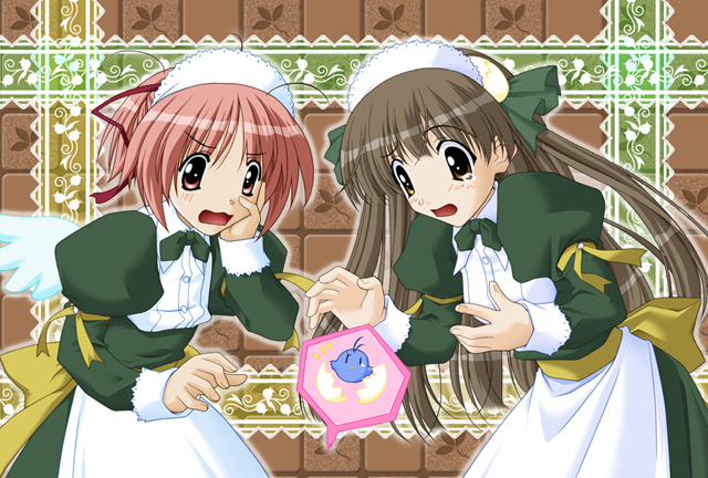 1boy, 2000s_(style), 2girls, abstract_background, ahoge, alternate_costume, aoi_(bird)_(tentama), apron