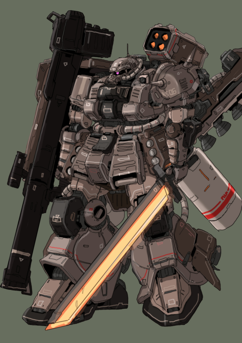 absurdres, bazooka_(gundam), cable, cannon, commentary_request, gundam, heat_saber, highres, kuroneko_koubou, machinery, mecha, mecha_focus, missile_pod, mobile_suit, mobile_suit_gundam, no_humans, oekaki, one-eyed, original, radio_antenna, robot, science_fiction, thrusters, zaku, zaku_ii, zeon