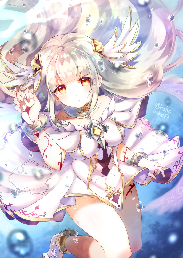 1girl, arm_tattoo, bare_shoulders, breasts, brown_eyes, dress, grey_hair, hair_ornament, komenashi7, long_hair, loussier_ellerensia, off-shoulder_dress, off_shoulder, shironeko_project, smile, solo, tattoo, very_long_hair, white_dress, white_hair