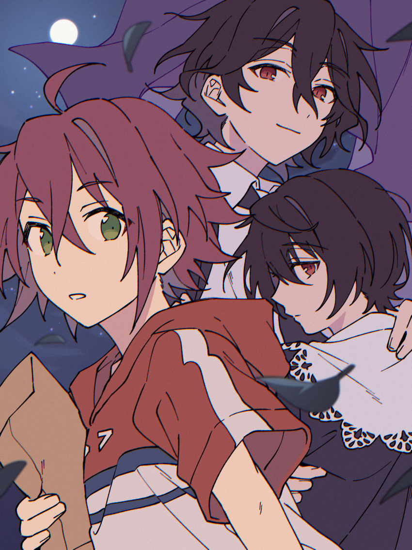 3boys, absurdres, aged_down, ahoge, bag, bishounen, black_hair, black_petals