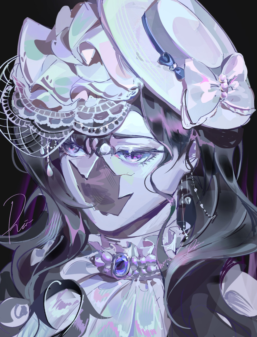 1girl, artist_name, black_background, black_hair, bow, cracked_skin, gem, hat