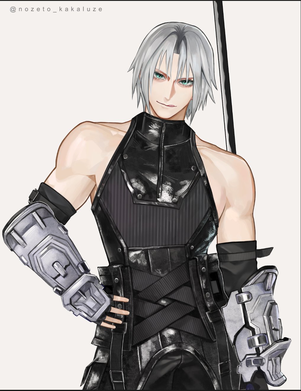 1boy, aqua_eyes, arm_armor, arm_strap, belt, black_belt, black_gloves, black_shirt
