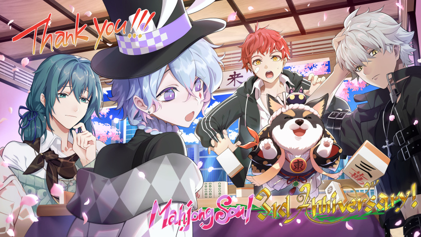 5boys, a-37_(mahjong_soul), absurdres, anniversary, bandaid, bandaid_on_cheek, bandaid_on_face, black_coat, blue_eyes, blue_hair, cherry_blossoms, coat, commentary_request, copyright_name, copyright_notice, cross, cross_necklace, diamond_(shape), earrings, facial_mark, furry, furry_male, hat, highres, japanese_clothes, jewelry, logo, mahjong, mahjong_soul, mahjong_tile, male_focus, mikurou_(nayuta), multiple_boys, necklace, official_art, open_mouth, petals, redhead, ryan_(mahjong_soul), sammir_(mahjong_soul), shirt, side_ponytail, stud_earrings, takigawa_natsuhiko, thank_you, top_hat, violet_eyes, wanjirou, white_hair, white_shirt, yellow_eyes