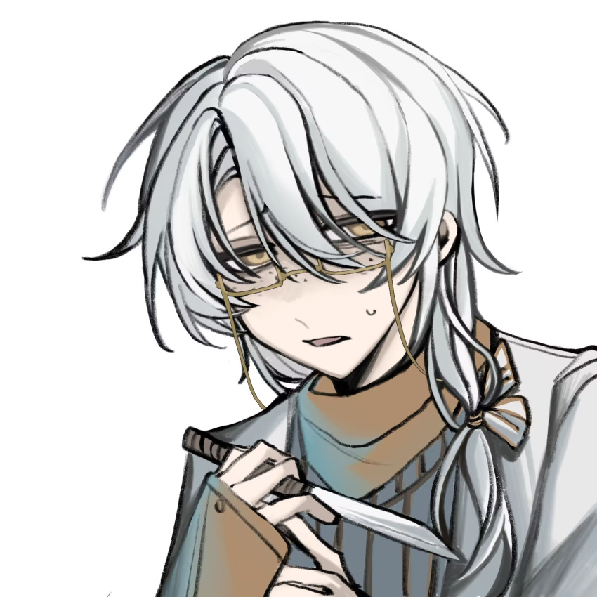 1boy, bai_ling_(touqi_guaitan), brown_shirt, chinese_commentary, commentary_request, freckles, grey_sweater_vest, hair_between_eyes