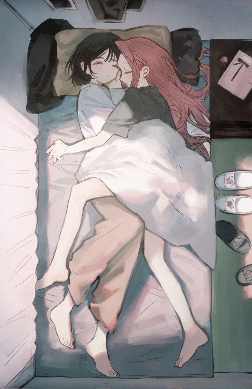2girls, alien_stage, bed, bedroom, black_footwear, black_hair, black_shirt, brown_pants, charm_(object), closed_eyes, closed_mouth, corrupted_twitter_file, cuddling, full_body, highres, lying, mizi_(alien_stage), multiple_girls, on_side, pants, pink_hair, sea_foam, shirt, sleeping, slippers, sua_(alien_stage), under_covers, unworn_slippers, white_footwear, white_shirt, yuri