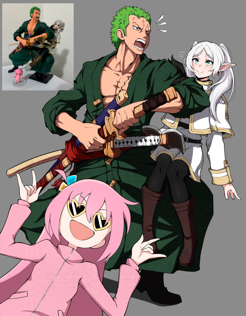 1boy, 2girls, \m/, absurdres, bandana_around_arm, bocchi_the_rock!, book, boots