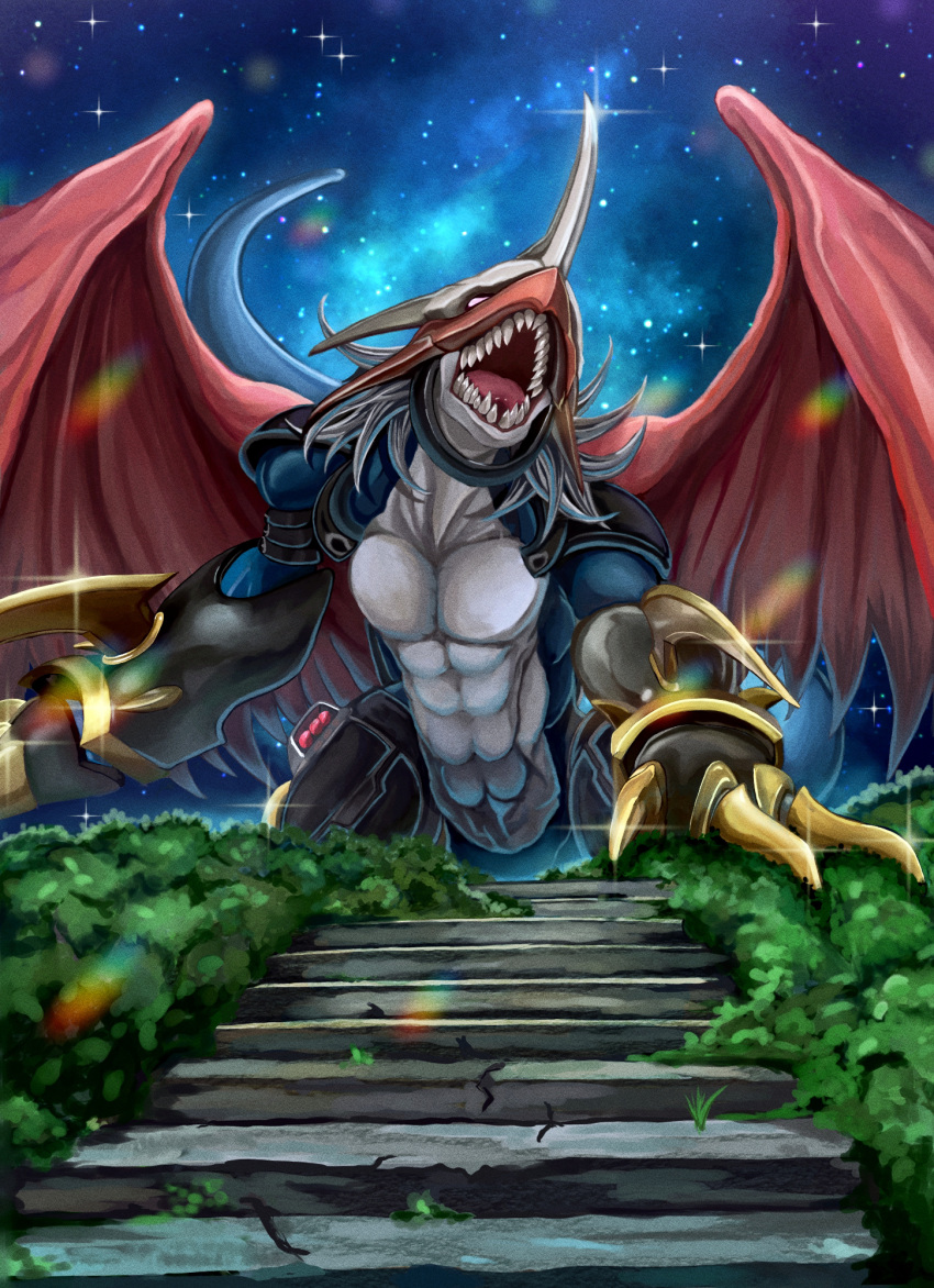 abs, arm_strap, armor, belt, blank_eyes, bush, claws, collar, crack, cracked_floor, digimon, digimon_(creature), digimon_adventure_02, dragon, gauntlets, grass, highres, horns, imperialdramon, imperialdramon_dragon_mode, kou_(xcws3487), large_pectorals, lens_flare, looking_up, mechanical_legs, night, no_humans, open_mouth, outdoors, pectoral_cleavage, pectorals, red_wings, sharp_teeth, shoulder_armor, sky, sparkle, stairs, star_(sky), starry_sky, stone_stairs, tail_raised, teeth, western_dragon, white_hair, wings