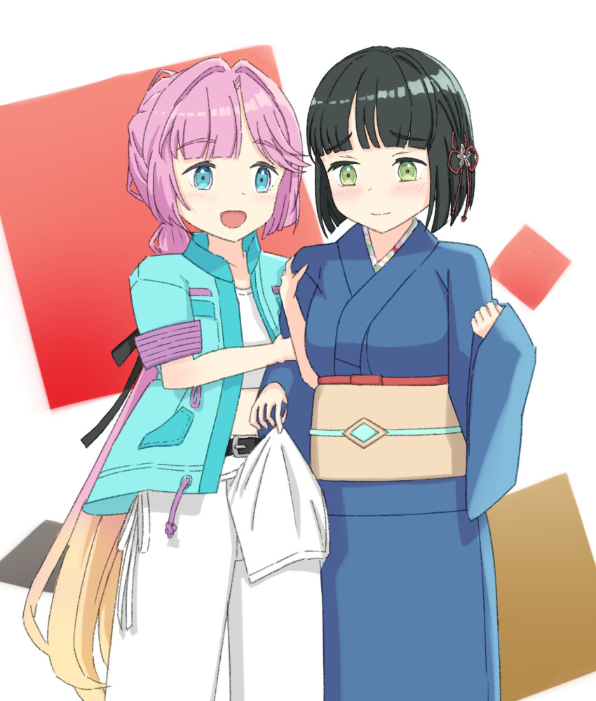 2girls, anyoji_hime, black_hair, black_ribbon, blonde_hair, blue_eyes, blue_jacket, blue_kimono