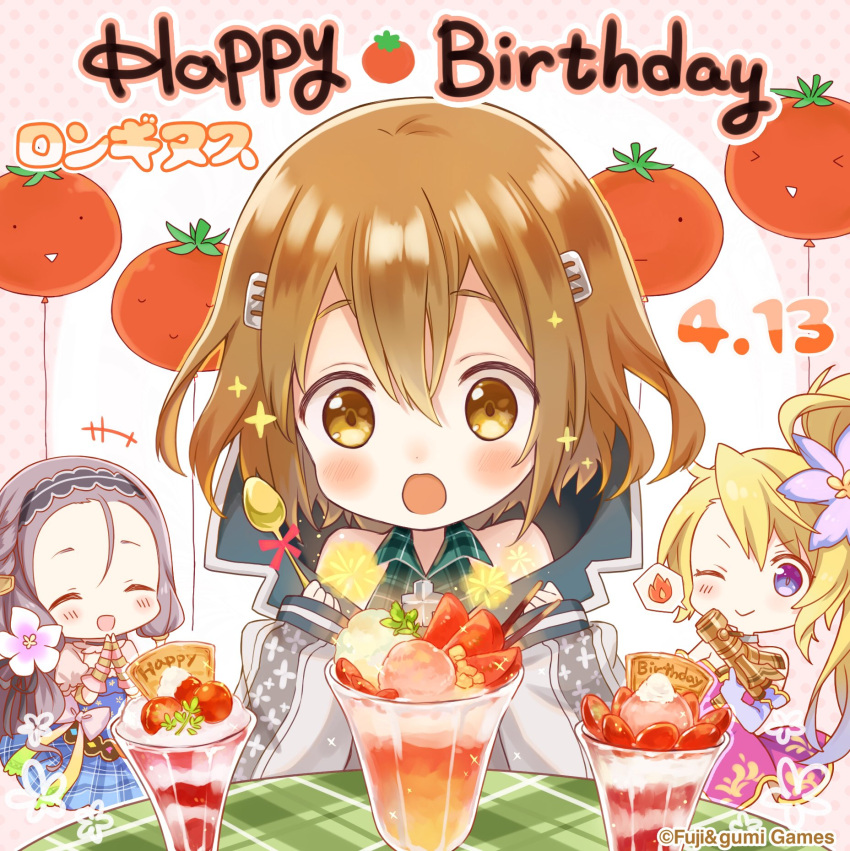 3girls, ^_^, balloon, blonde_hair, blue_eyes, blush, brown_eyes, brown_hair