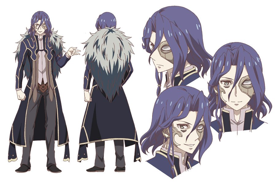 1boy, blue_hair, earrings, fur_trim, grey_eyes, grimms_notes, grimms_notes_the_animation, grin, jewelry, kawashima_hisashi, loki_(grimms_notes), long_coat, male_focus, mask_over_one_eye, official_art, simple_background, smile, solo, teeth, white_background