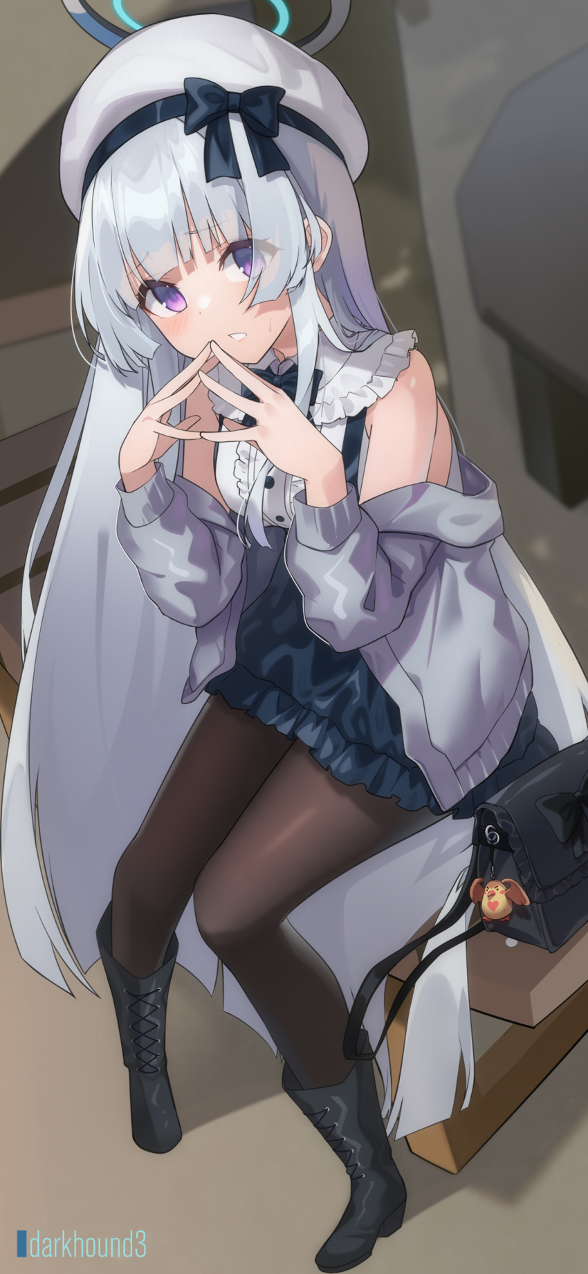1girl, absurdres, alternate_costume, artist_name, bag, beret, blue_archive, blurry