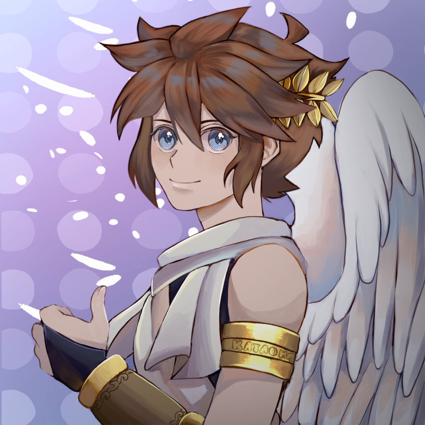 1boy, ahoge, ame_to_kusari, angel, angel_wings, armlet, blue_eyes, brown_hair
