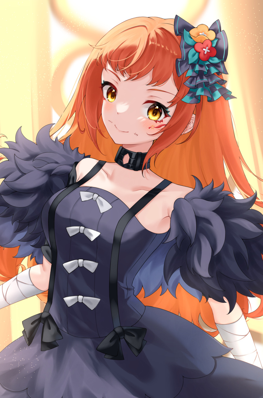 1girl, bandaged_arm, bandages, black_bow, black_choker, black_dress, blush, bow, breasts, choker, closed_mouth, collarbone, commentary_request, dimple_facial_mark, dress, ell_0314, feather_trim, fire_emblem, fire_emblem_engage, hair_bow, highres, long_hair, looking_at_viewer, medium_breasts, orange_hair, panette_(fire_emblem), ribbon, sleeveless, sleeveless_dress, smile, solo, white_ribbon, yellow_eyes