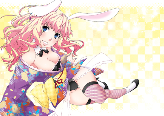 blue_eyes, breasts, bunny_ears, cleavage, fishnet_legwear, fishnet_pantyhose, fishnet_stockings, fishnets