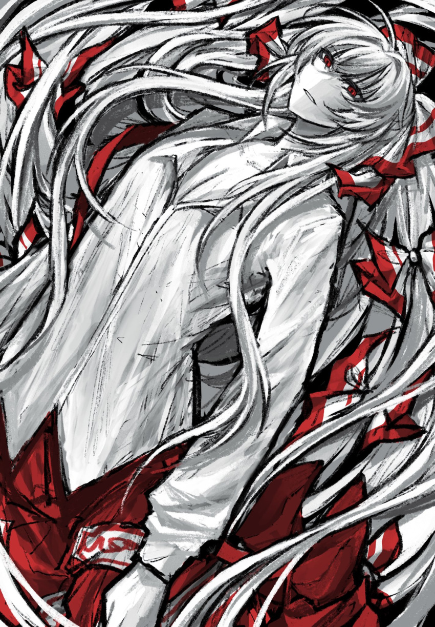 1girl, bow, commentary, fujiwara_no_mokou, hair_bow, highres, jaxx_(k9radiation), limited_palette