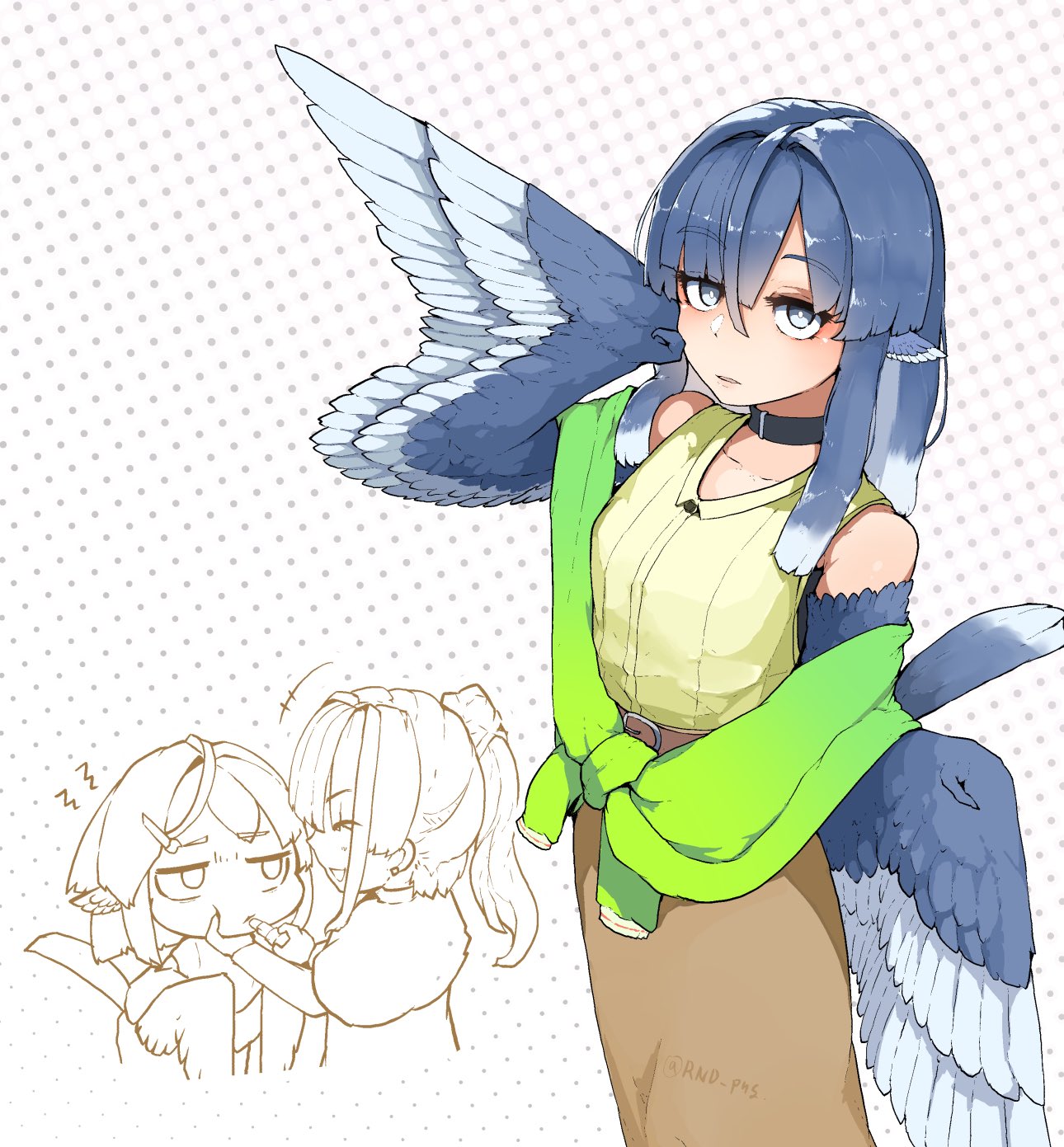 2girls, animal_ears, applying_makeup_on_another, bare_shoulders, bird_ears, bird_tail, black_choker, blue_feathers