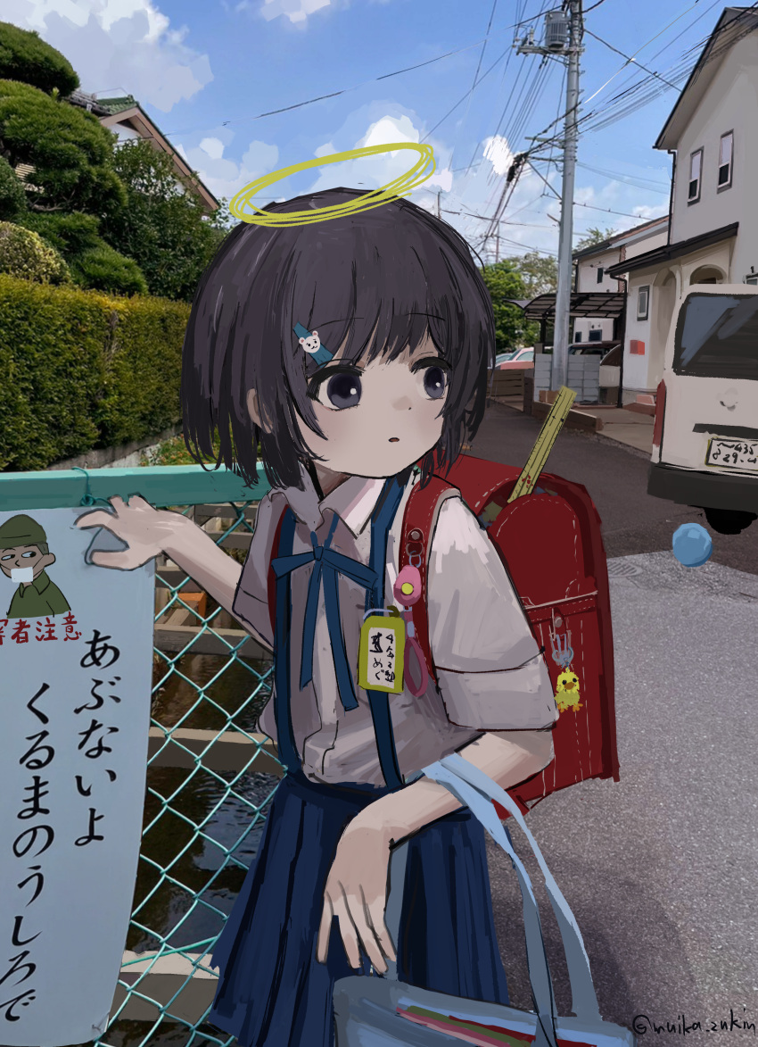 1girl, absurdres, backpack, bag, black_eyes, black_hair, blue_ribbon, blue_skirt