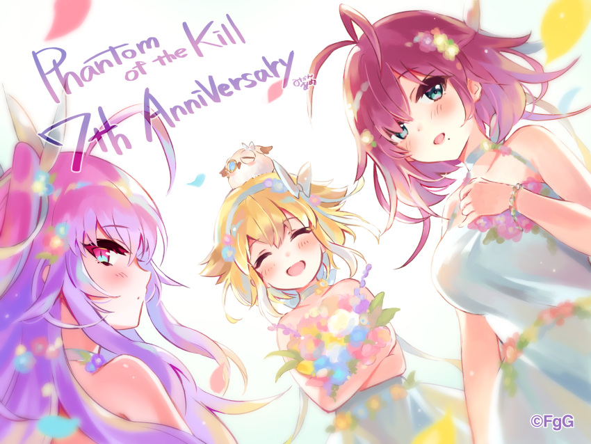 3girls, :d, ^_^, absurdres, ahoge, bare_shoulders, bird, blonde_hair