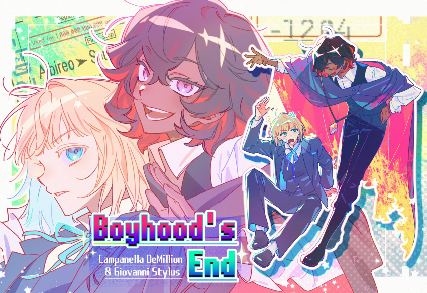 2boys, anger_vein, arm_support, bandaid, bandaid_on_cheek, bandaid_on_face, black_cloak, black_footwear