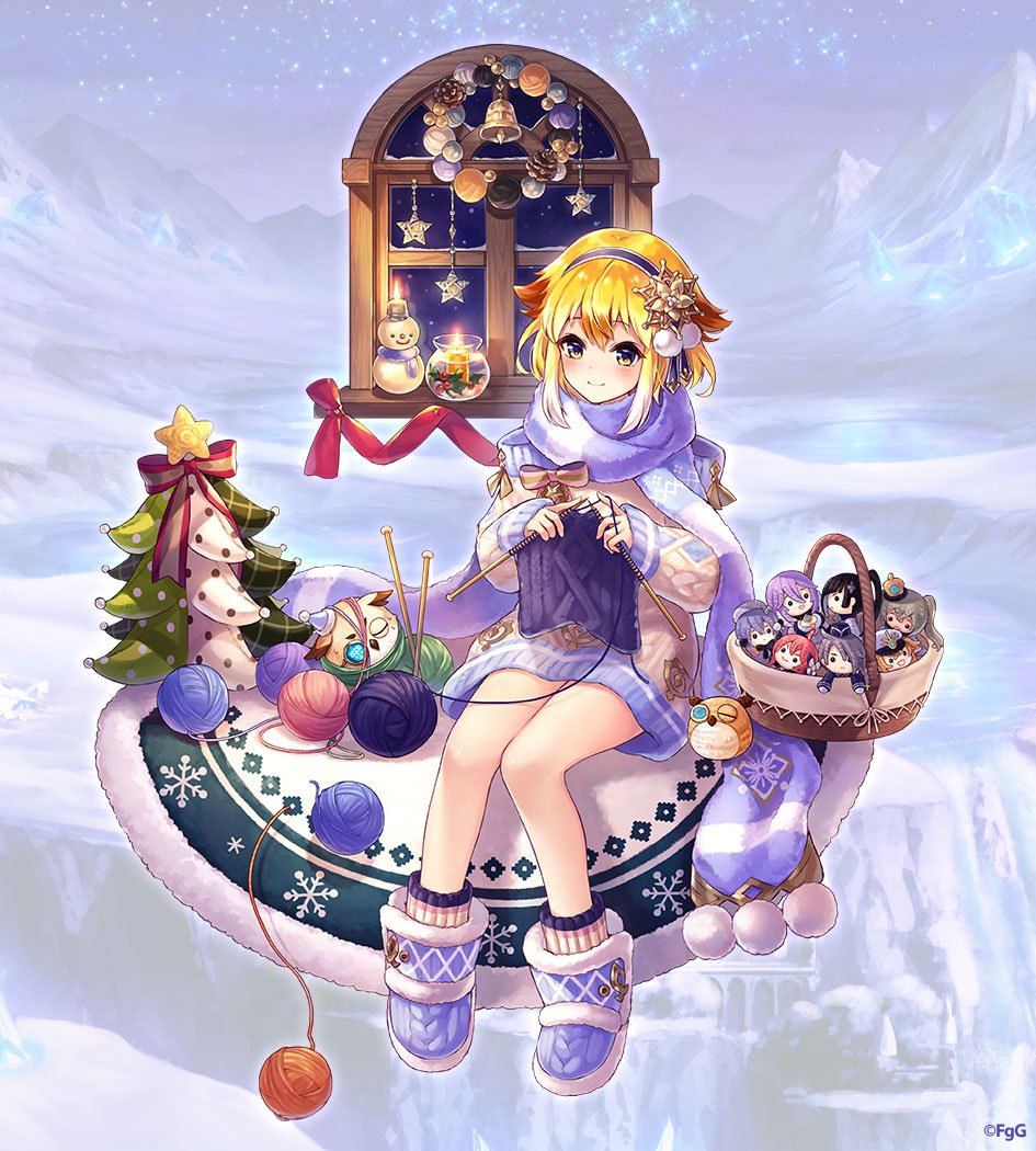 1girl, ancient_killers_(phantom_of_the_kill), bird, blonde_hair, blue_eyes, blue_hairband, character_doll, christmas