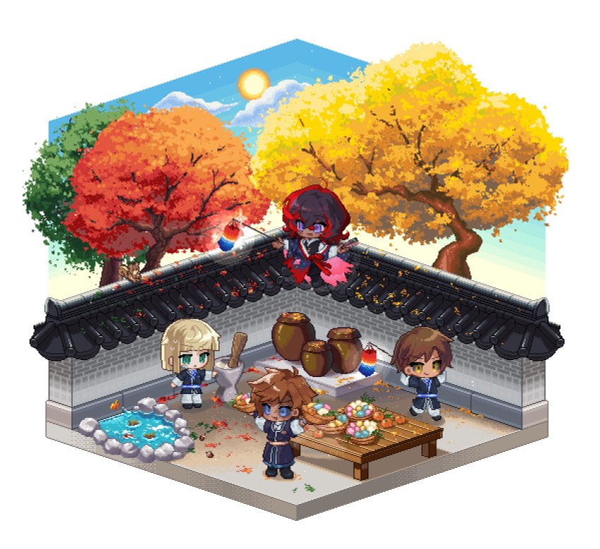 4boys, acorn, architecture, arms_behind_head, autumn, autumn_leaves, bandaid, bandaid_on_cheek