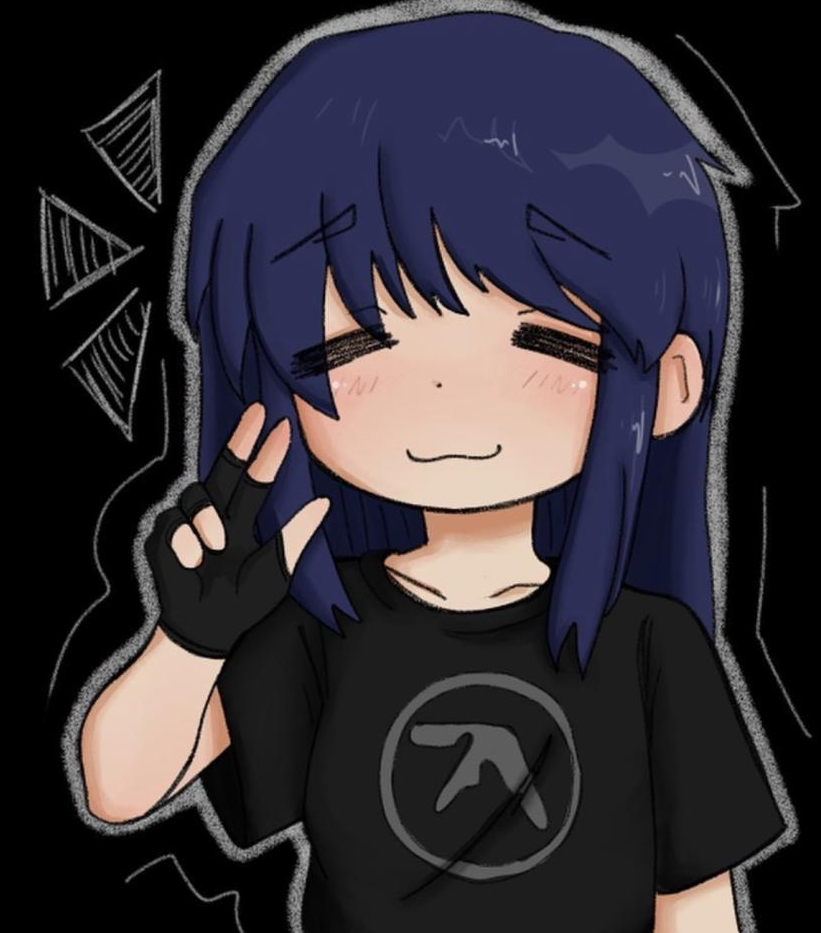 1girl, :3, =_=, aphex_twin, black_gloves, black_shirt, black_t-shirt, blue_hair