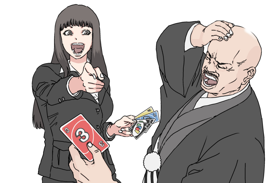 1boy, 1girl, bald, black_eyes, black_hair, black_jacket, black_kimono, breasts, card, closed_eyes, commentary_request, excited, facial_hair, furrowed_brow, girls_und_panzer, hand_on_own_head, haori, highres, holding, holding_card, jacket, japanese_clothes, kimono, kodama_shichirou, large_breasts, long_hair, long_sleeves, mustache, nishizumi_shiho, open_mouth, playing_games, pointing, pointing_at_another, shirt, simple_background, skrmtl, suit_jacket, teasing, uno_(game), upper_body, white_background, white_shirt, wide_sleeves