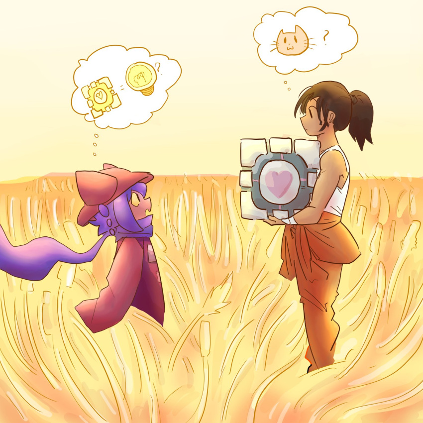 1girl, 1other, androgynous, animal_ear_headwear, animal_ears, animal_hat, aperture_science_weighted_companion_cube, brown_poncho