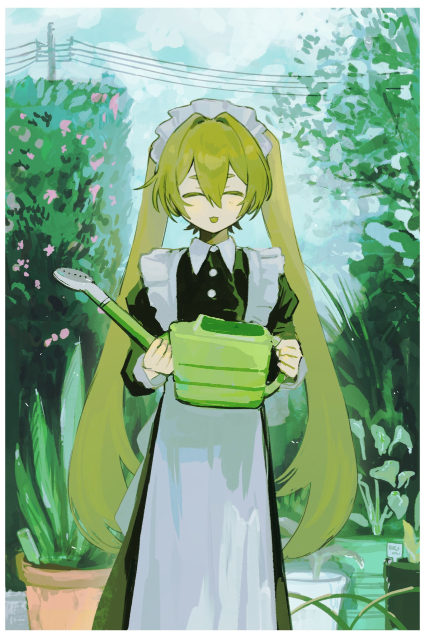 1girl, :d, apron, black_dress, blonde_hair, blue_sky, blush, border