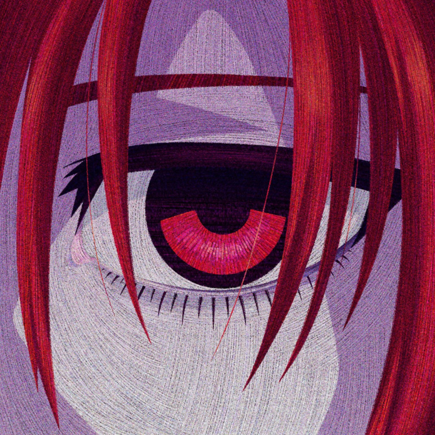 1girl, close-up, commentary, cryptidhermit, derivative_work, elfen_lied, english_commentary, eye_focus