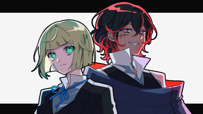 2boys, black_border, black_cloak, black_hair, black_jacket, black_vest, blonde_hair, blue_ribbon