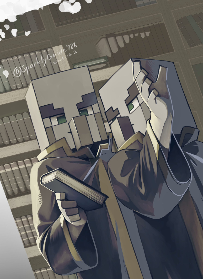 2others, bald, black_robe, book, bookshelf, colored_skin, commentary_request, dated