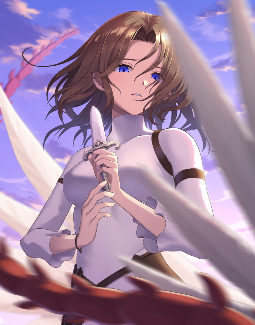 1girl, blue_eyes, breasts, brown_hair, clouds, cloudy_sky, drag-on_dragoon, drag-on_dragoon_1
