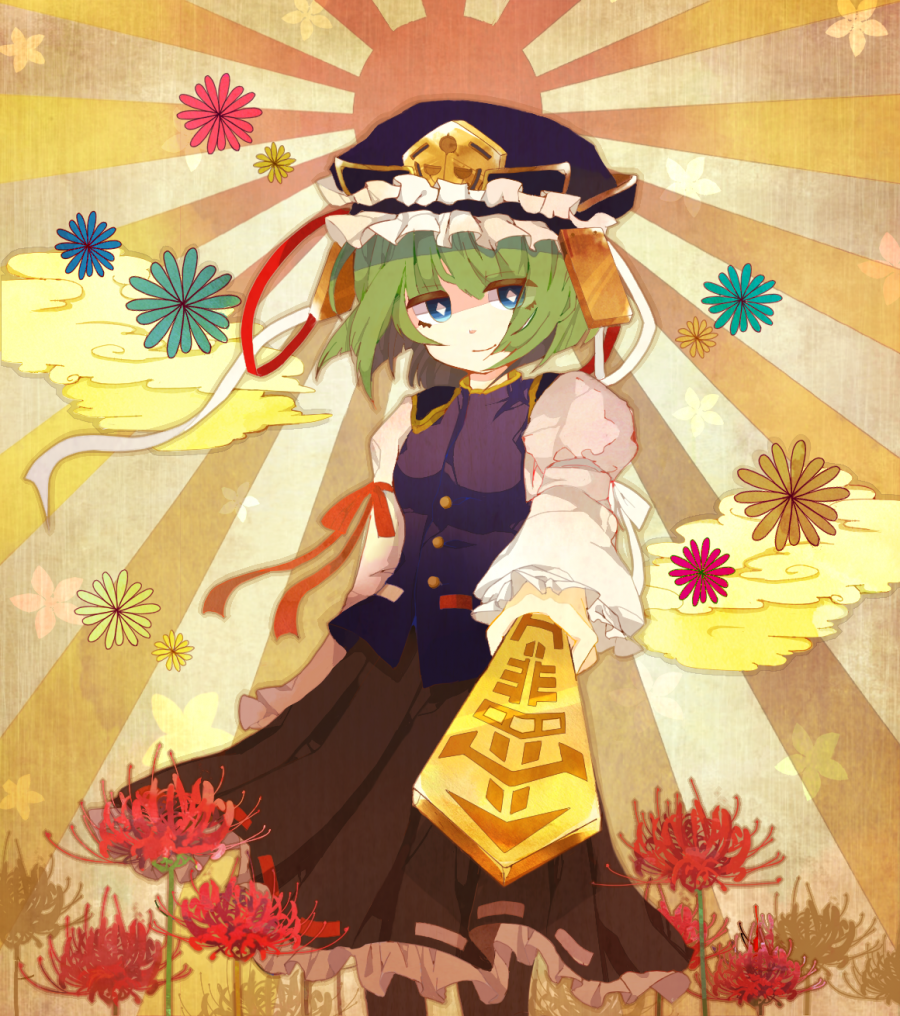 bad_id, blue_eyes, cloud, flower, foreshortening, from_below, green_eyes, green_hair