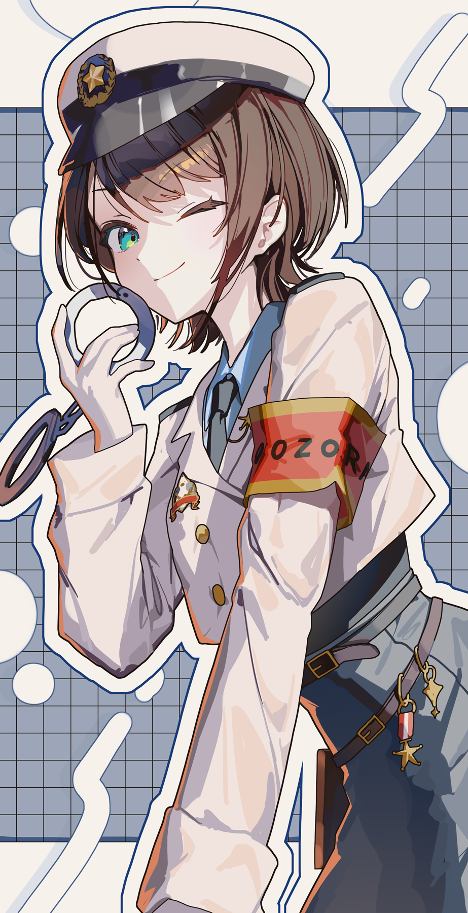 1girl, armband, black_necktie, black_skirt, blue_eyes, blue_shirt, blush, brown_hair, closed_mouth, commentary_request, cropped_jacket, cuffs, gloves, handcuffs, hat, high-waist_skirt, highres, holding, holding_handcuffs, hololive, jacket, letterboxed, looking_at_viewer, necktie, ningen_mame, official_alternate_costume, one_eye_closed, oozora_subaru, oozora_subaru_(8th_costume), outline, outside_border, patterned_background, peaked_cap, police_hat, red_armband, shirt, short_hair, skirt, smile, solo, virtual_youtuber, white_background, white_gloves, white_hat, white_jacket, white_outline