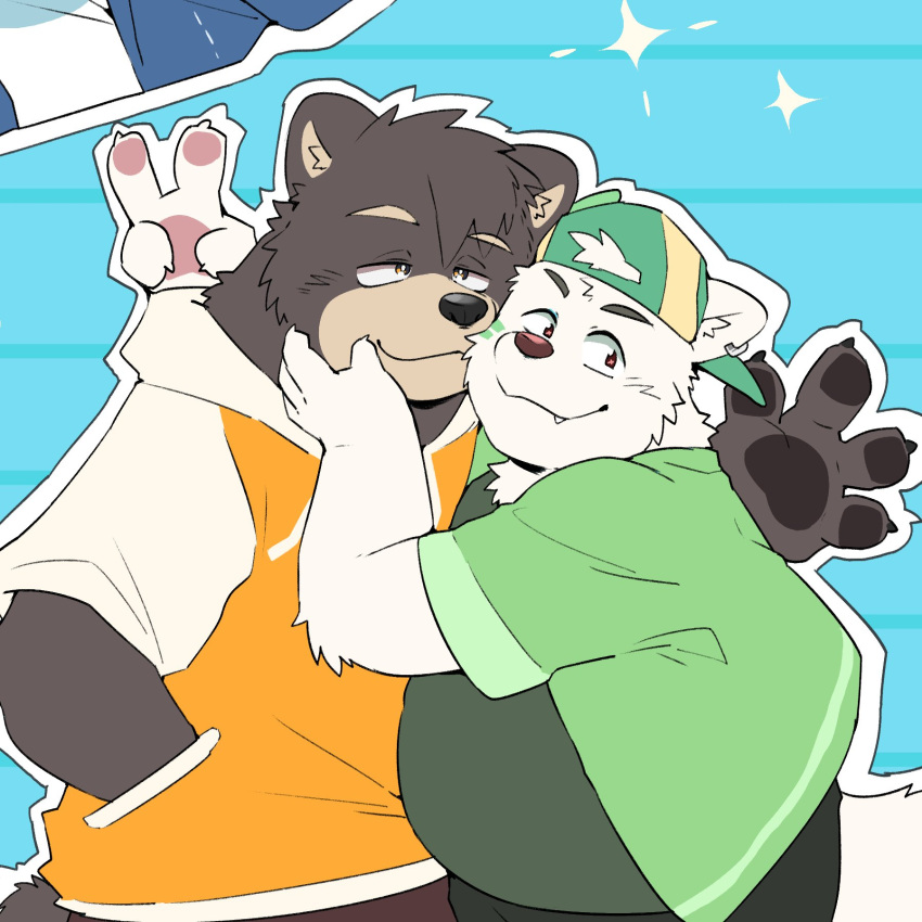 2boys, animal_ears, arm_around_shoulder, bear_boy, bear_ears, bear_tail, belly, brown_fur, claws, commentary_request, commission, dog_boy, dog_ears, dog_tail, ear_piercing, earrings, fang, fang_out, fat, furry, furry_male, gintyatyatyatya, hand_in_pocket, hand_on_another's_cheek, hand_on_another's_face, hat, highres, hood, hood_down, hooded_jacket, jacket, jewelry, looking_to_the_side, male_focus, multiple_boys, original, pawpads, piercing, plump, skeb_commission, slit_pupils, sparkle, tail, v, white_fur