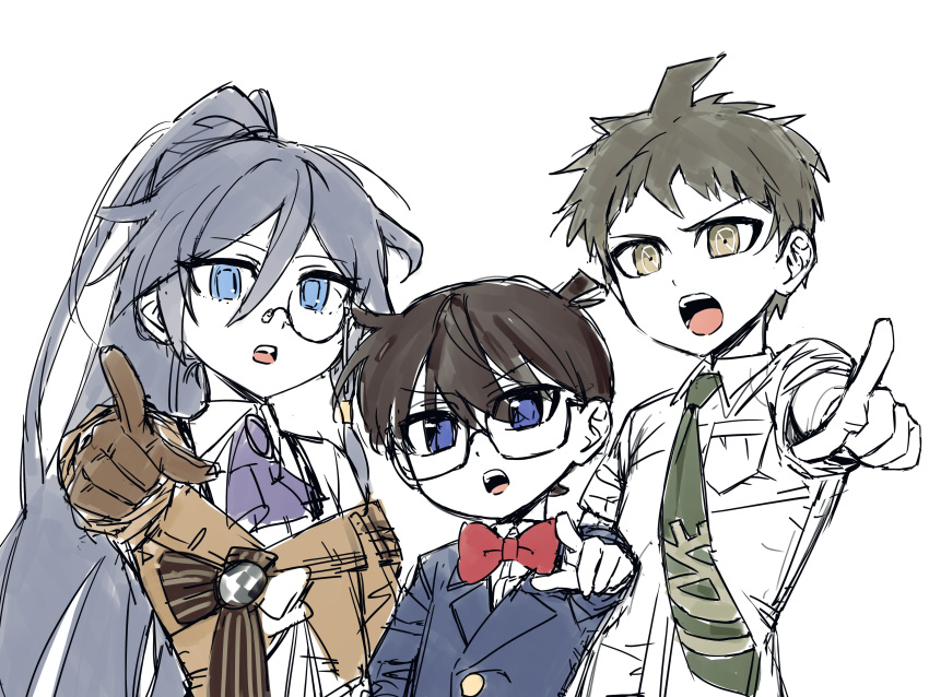 1girl, 2boys, 7h3rd, absurdres, ahoge, ascot, blue_eyes, blue_jacket