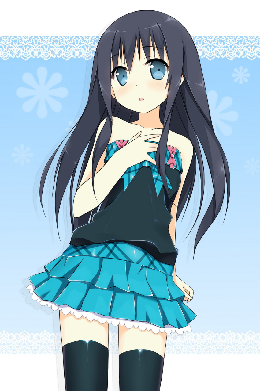 1girl, blue_eyes, blush, hand_on_own_chest, highres, kantoku_(style), long_hair, open_mouth, original, skirt, sky_(freedom), solo, strapless, thigh-highs, thighhighs, zettai_ryouiki