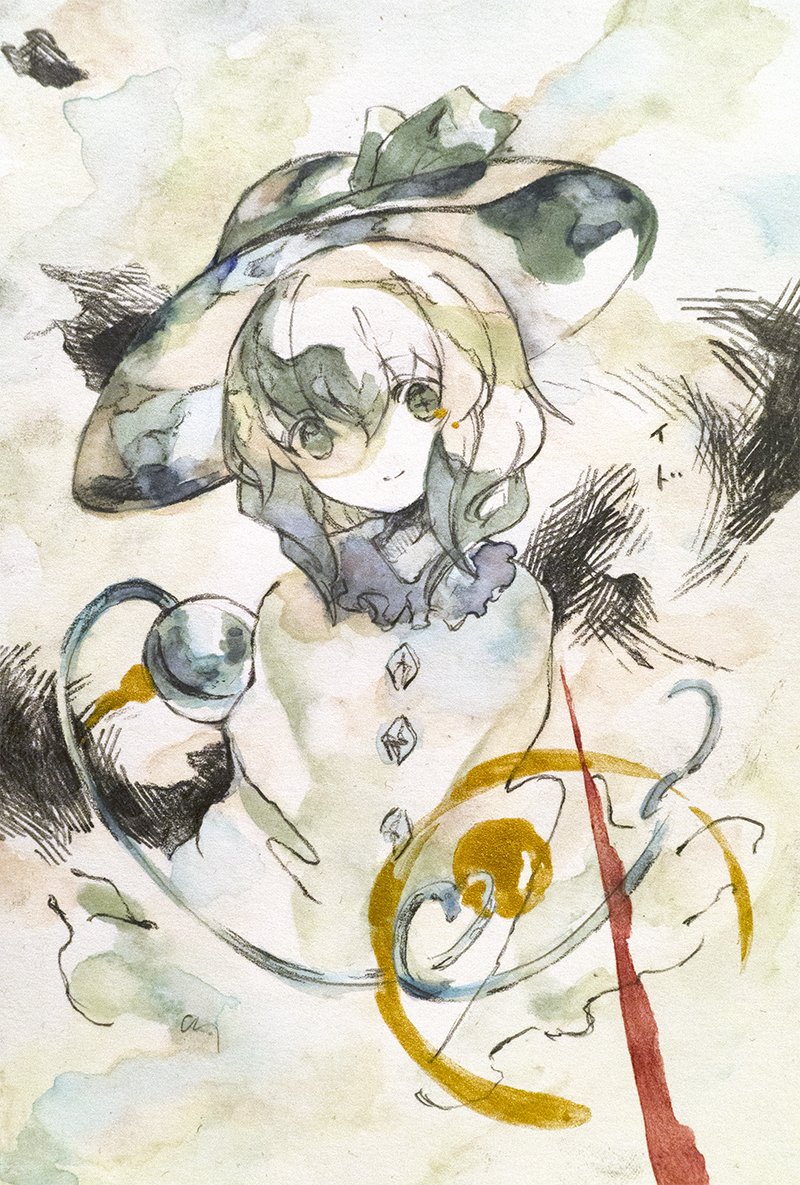 1girl, black_ribbon, bowler_hat, buttons, diamond_button, green_eyes, green_hair, hat