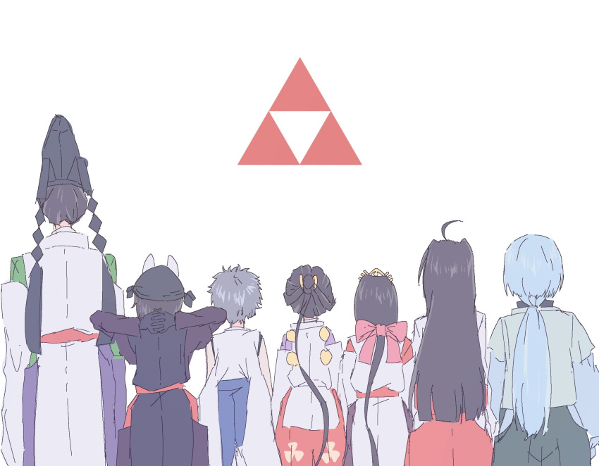 2girls, ahoge, animal_ears, black_hair, blue_hair, fox_ears, frilled_sleeves, frills