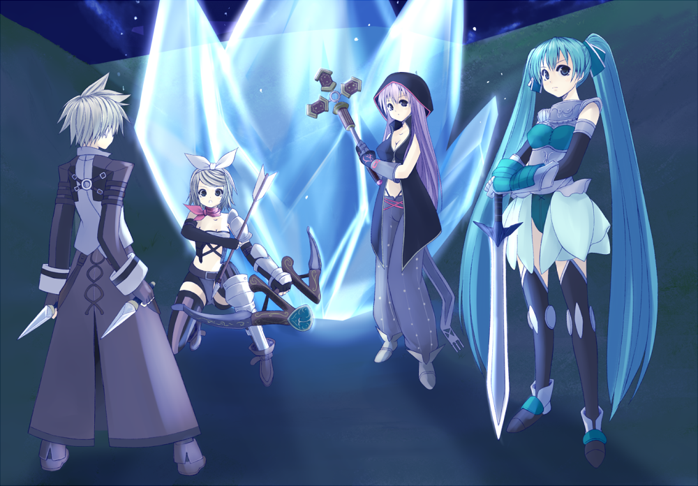 armor, bow, from_behind, hair_ribbon, hatsune_miku, kagamine_len, kagamine_rin, long_hair, megurine_luka, midriff, multiple_girls, nino_h, ribbon, rpg, scarf, short_hair, staff, thigh-highs, thighhighs, twintails, vocaloid, weapon