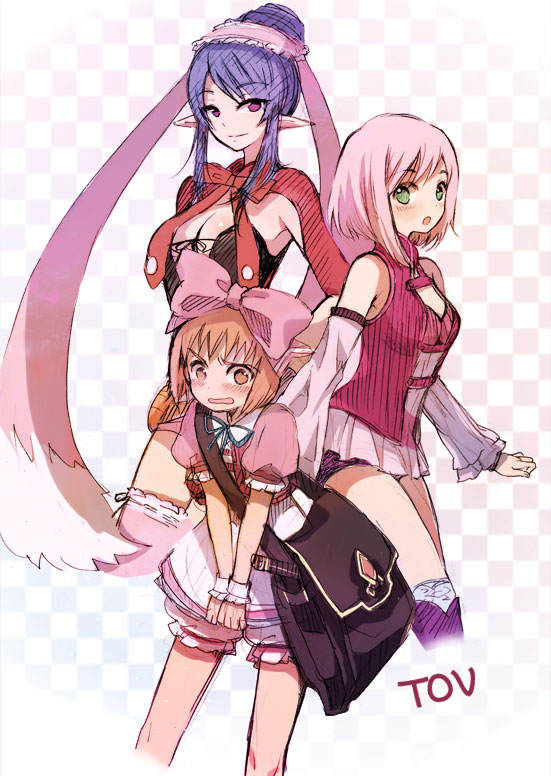 2girls, bag, blush, brown_eyes, brown_hair, crossdressinging, elf, estellise_sidos_heurassein