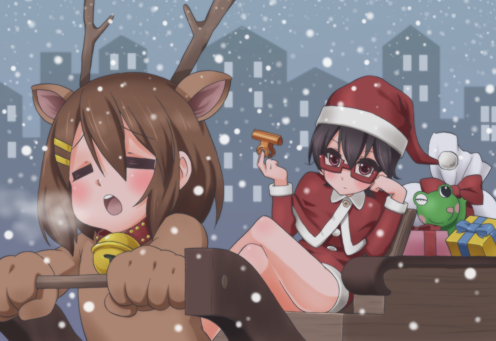 =_=, animal_costume, antlers, bell, bell_collar, binder_clip, brown_eyes, brown_hair