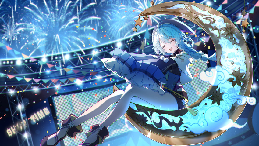 1girl, absurdres, ahoge, blue_hair, closed_eyes, fffafa_daifuku, hair_between_eyes, hair_ornament, hat, highres, nijisanji, smile, tamanoi_nana, virtual_youtuber