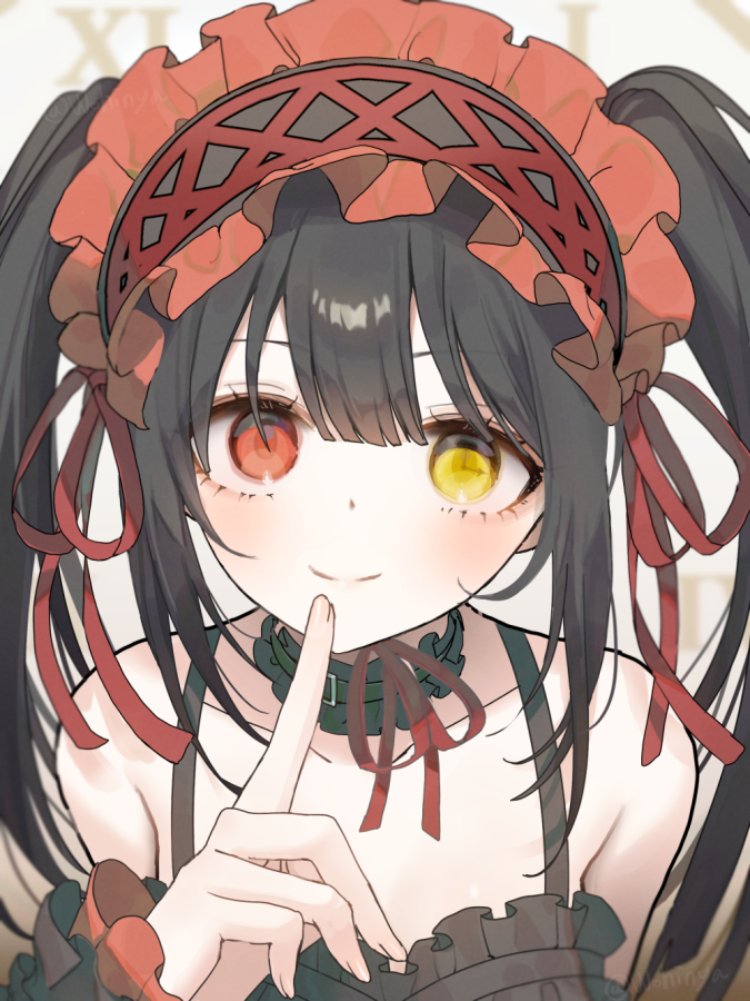 1girl, bare_shoulders, black_hair, clock_eyes, date_a_live, dress, finger_to_cheek, frilled_hairband
